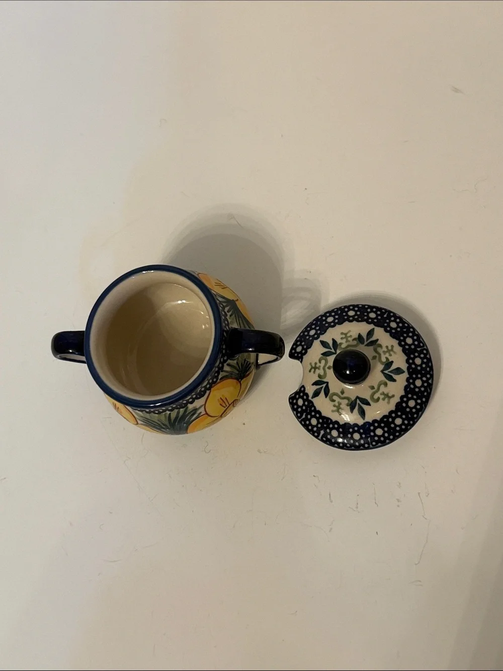POLISH POTTERY SET SUGAR LID CREAMER TRAY BLUE WHITE GREEN HANDMADE BOLESLAWIEC